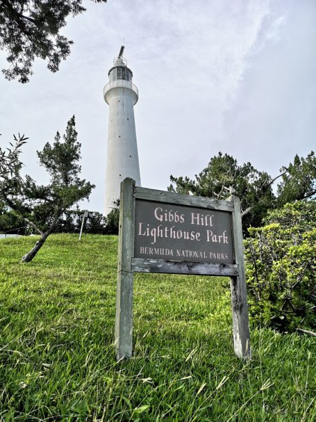 Lighthouse standing tall with sign for Lighthouse Park in green surroundings.