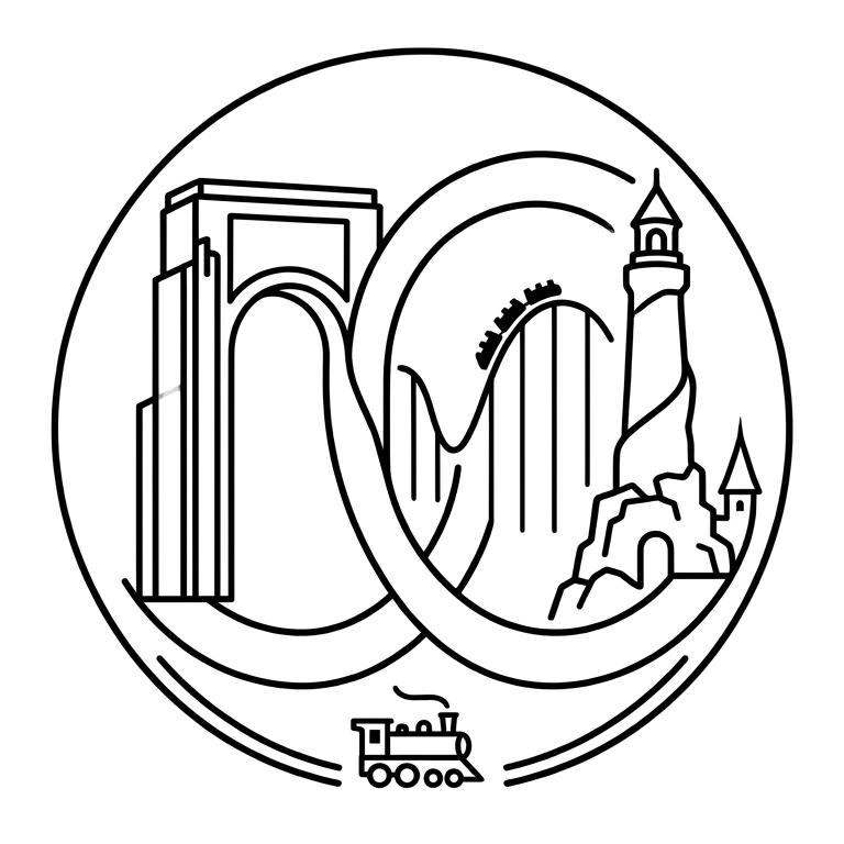 Outline of a train, lighthouse, and roller coaster in a circular design.