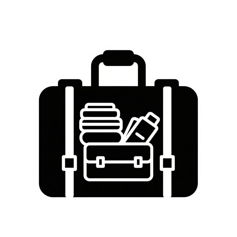 Black suitcase icon with stacked objects and a bottle inside.
