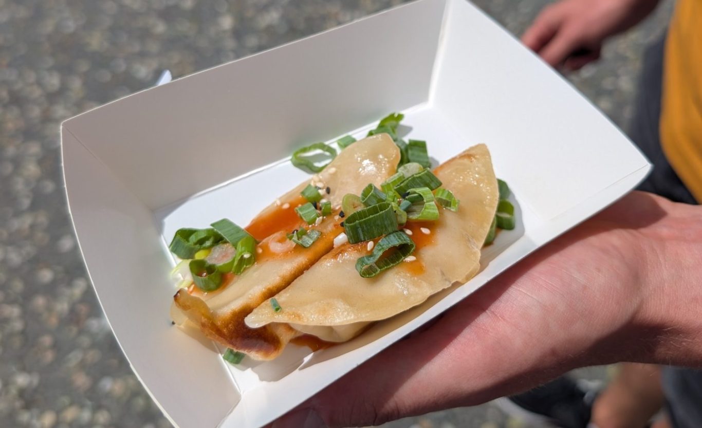 A hand holds a tray with two tacos topped with green onions and a drizzle of sauce.