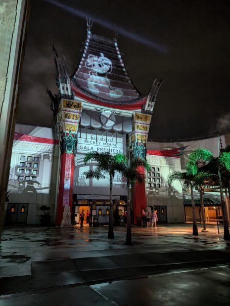 Hollywood theatre facade illuminated at night with palm trees in the foreground.