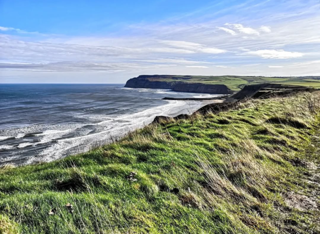View of the North Sea from the Cleveland Way surrounded by greenery and a cloudy sky.