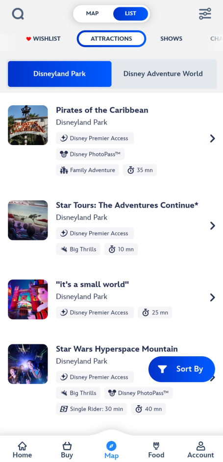 List of Disney-themed media with titles and descriptions for various attractions and movies.