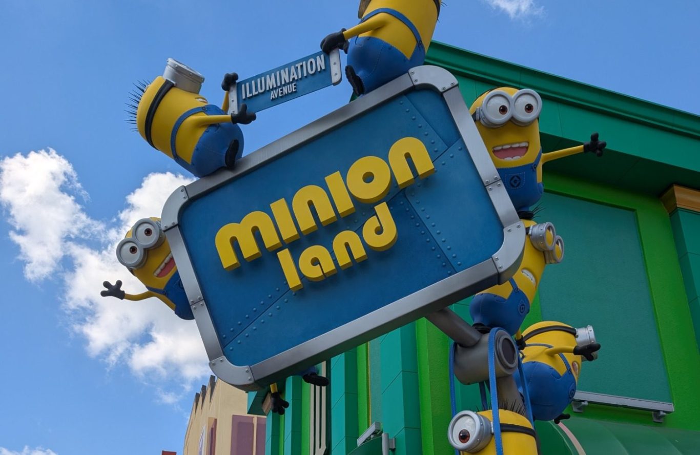 Sign for "Minion Land" featuring cheerful Minion characters.
