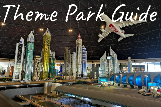 Lego Model of Dubai cityscape with tall buildings and an airplane at Legoland Dubai