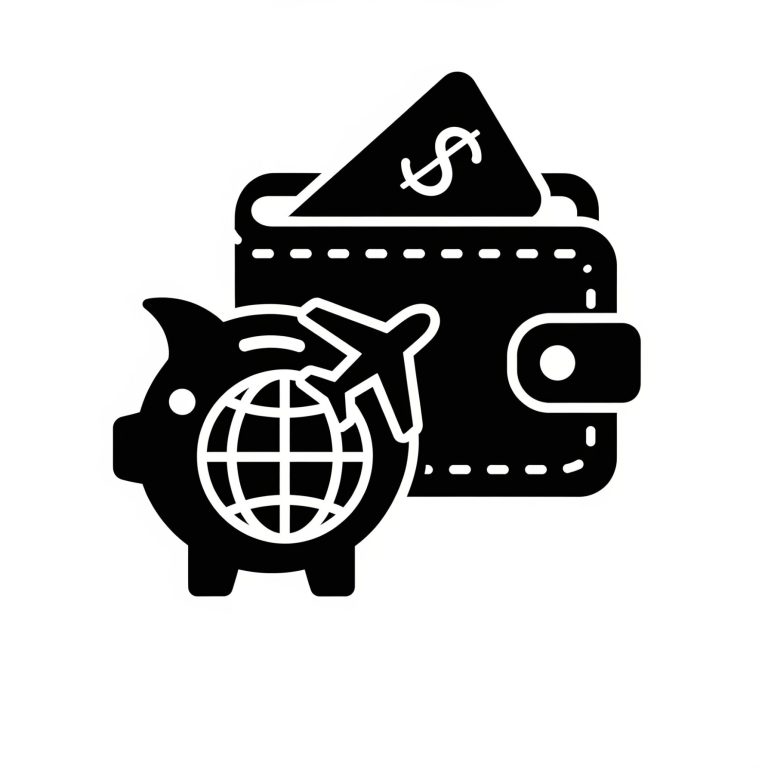 Piggy bank, plane, and wallet symbolising travel savings and expenses.