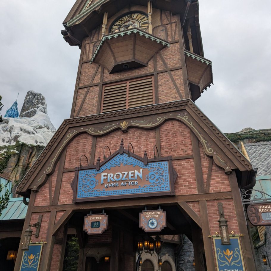 A tall, wooden-themed building with a sign for a Frozen attraction.