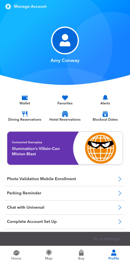 User profile interface with sections for account management and wallet features.