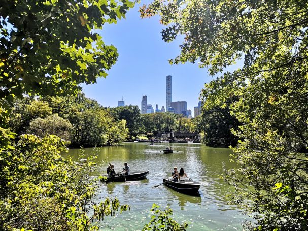 Boats on a tranquil lake with New York's city skyline in the background, surrounded by trees.