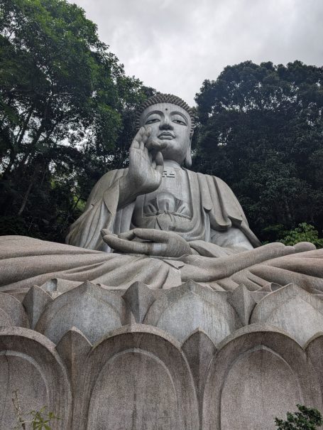 Large seated Buddha statue surrounded by lush greenery and a cloudy sky.
