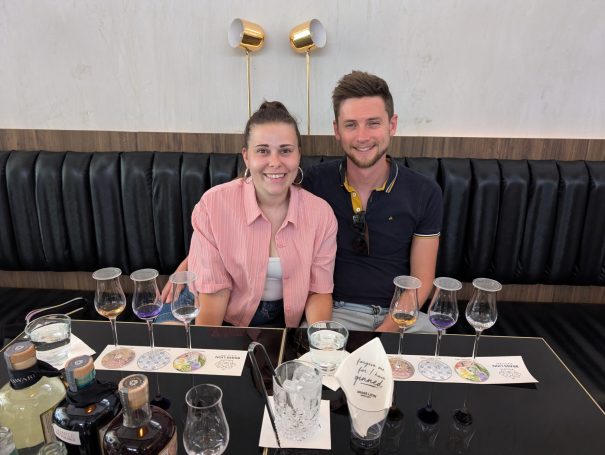I&B's Founder and Husband posing while Gin Tasting at Brass Lion Distillery in Singapore