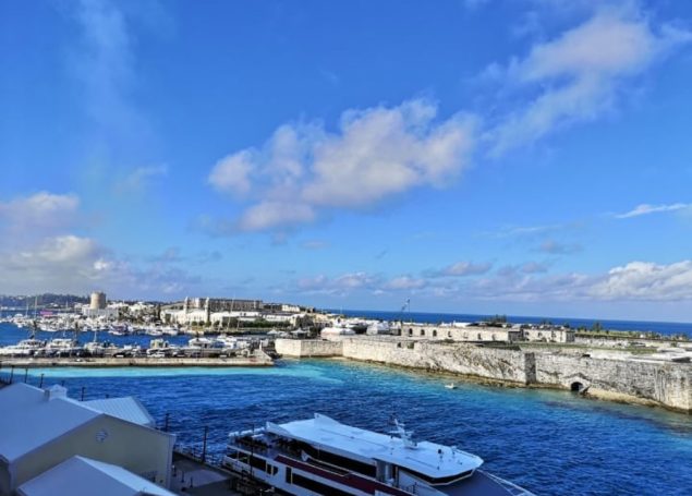 Balcony views of the Royal Naval Dockyard in Bermuda from a cruise ship.