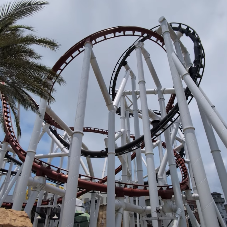 Roller coaster with loops and twists, surrounded by palm trees against a cloudy sky.