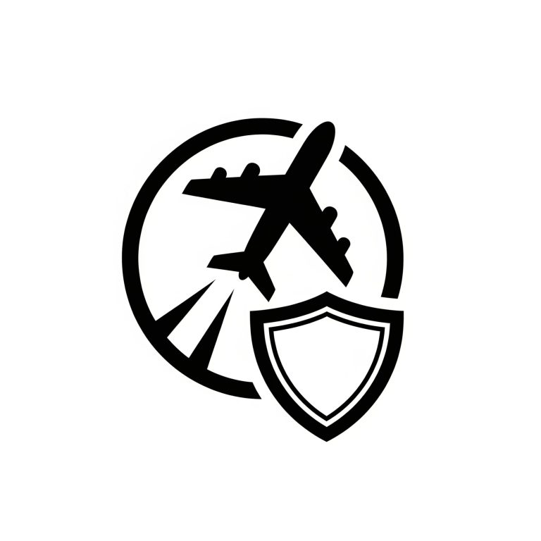 Stylised airplane icon with a shield, symbolising air travel safety.