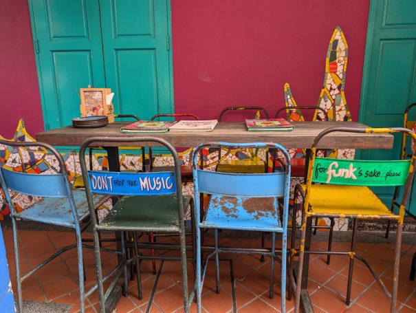 Colourful chairs located in a bar in Haji Lane in Singapore.