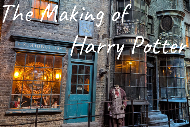 Exterior of a Harry Potter studio, featuring brick walls and a green door with warm lighting.
