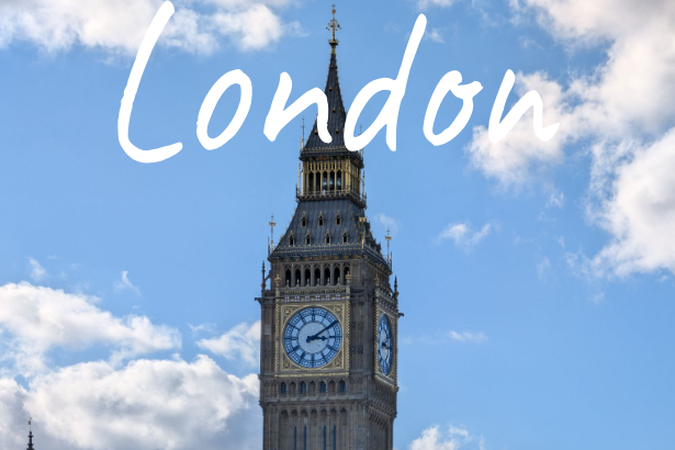 Big Ben clock tower against a blue sky with clouds, featuring the word "London".
