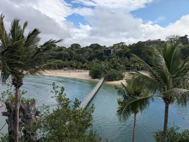 Palawan suspension bridge with wooden walkway and rope netting over calm water leading to a sandy beach, surrounded by palm trees on Sentosa
