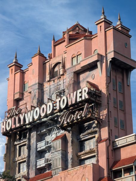 The towering exterior of the Hollywood Tower Hotel, featuring an ornate design. Located at Disney's Hollywood Studios.