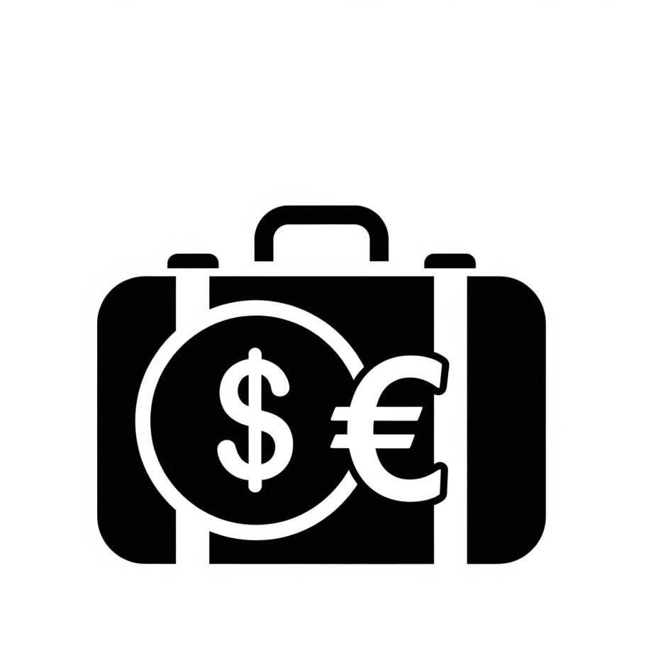 A suitcase with a dollar sign and euro symbol representing travel finance.