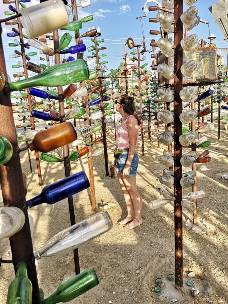 I&B's Founder posing with colourful glass bottles arranged on poles, to look like trees at Elmer’s Bottle Tree Ranch.