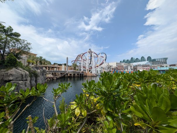 Theme park view featuring a roller coaster, water, and lush greenery.