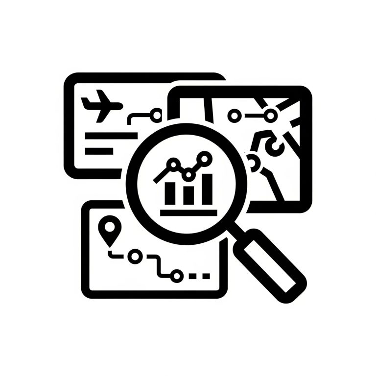 Icons representing data analysis, maps, and travel with a magnifying glass.