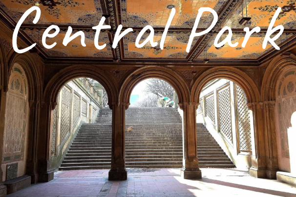 Arched passageway, Bethesda Terrace in Central Park with decorative ceiling and stairway.