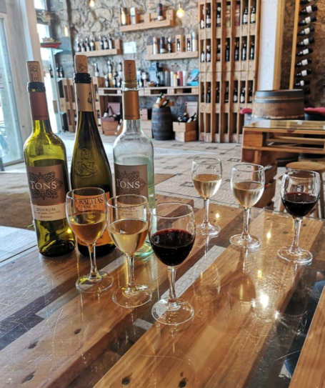 Assorted wine bottles and glasses arranged on a wooden table in a rustic setting at Quinta do Noval - Gaia in Porto.