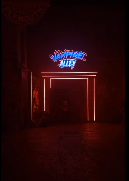 Neon-lit entrance with red and blue lighting, creating a moody atmosphere.