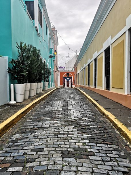 Narrow cobblestone street lined with colourful buildings and potted plants.