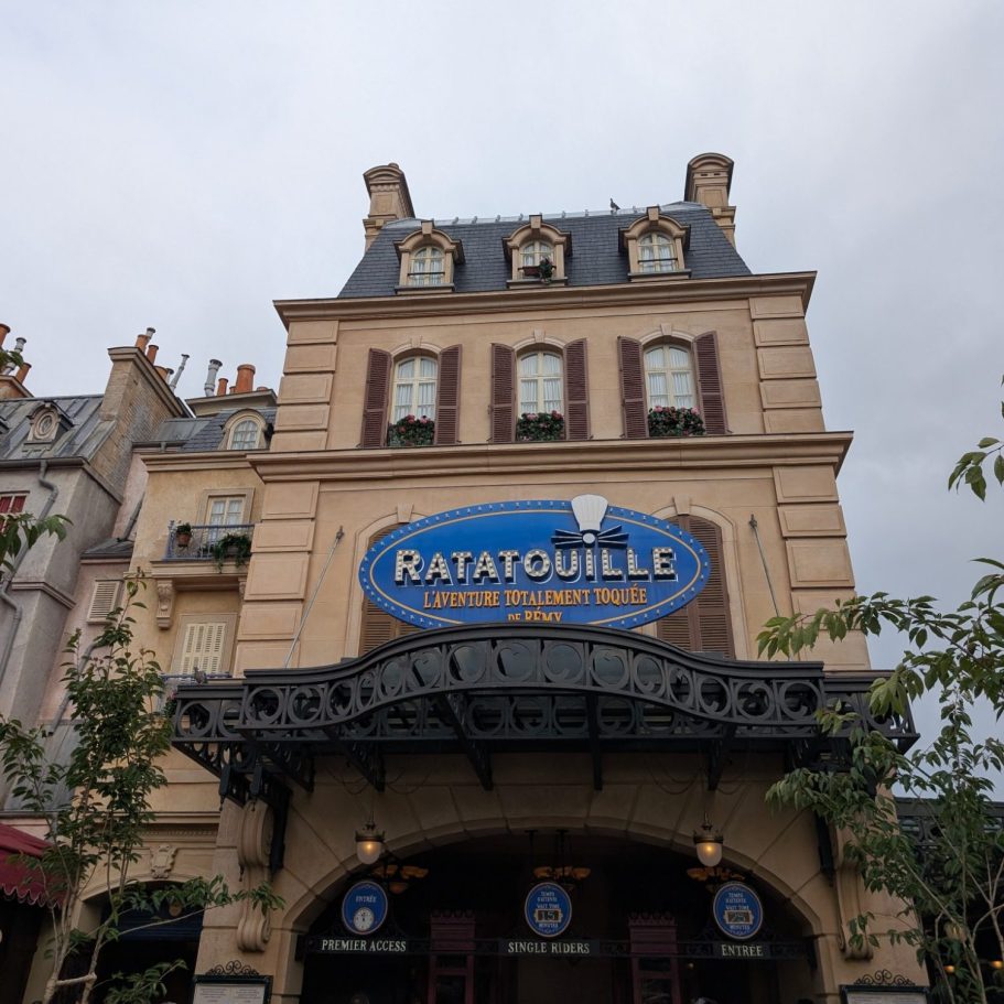 Facade of a charming building with "Ratatouille" signage at a theme park.
