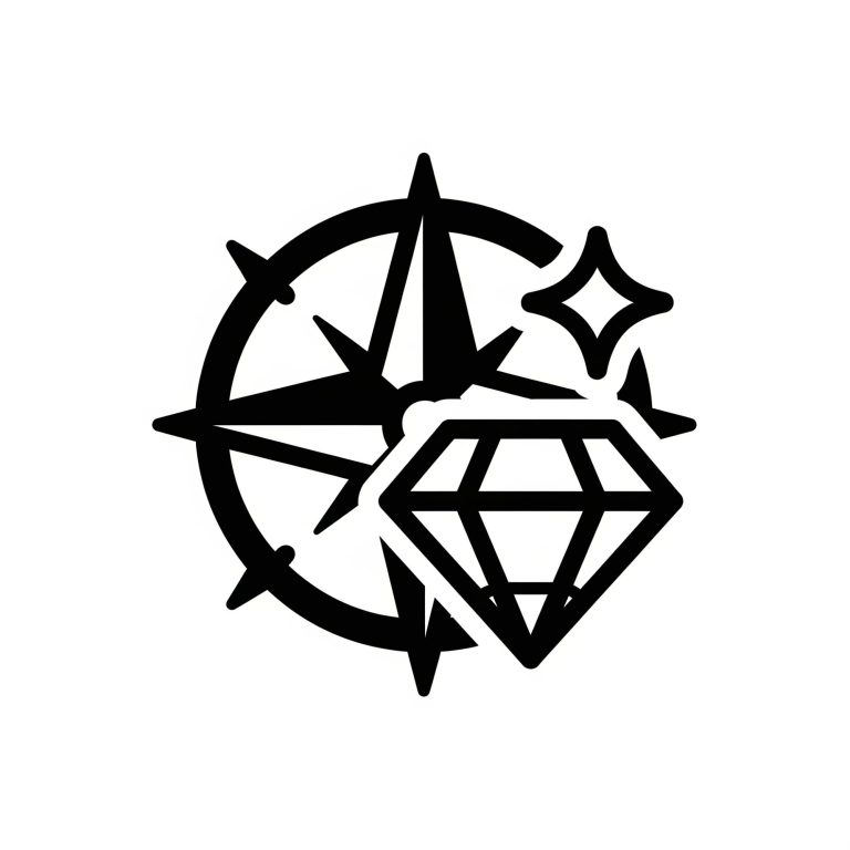 A compass with a sparkling diamond in front of it.