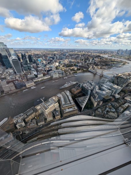 Aerial view of the River Thames, Tower Bridge and the London skyline, taken at the top of The Shard