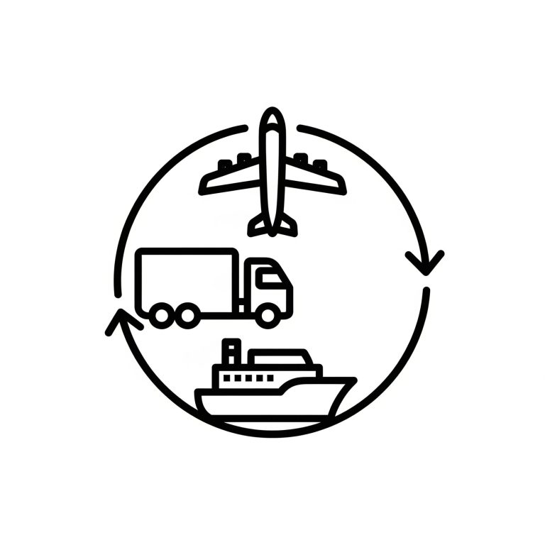 Icons of an airplane, truck, and ship in a circular arrangement representing transport logistics.