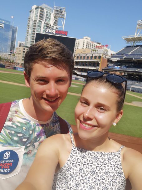 I&B Founder & Husband posing on the baseball pitch of Petco Park Stadium in San Diego