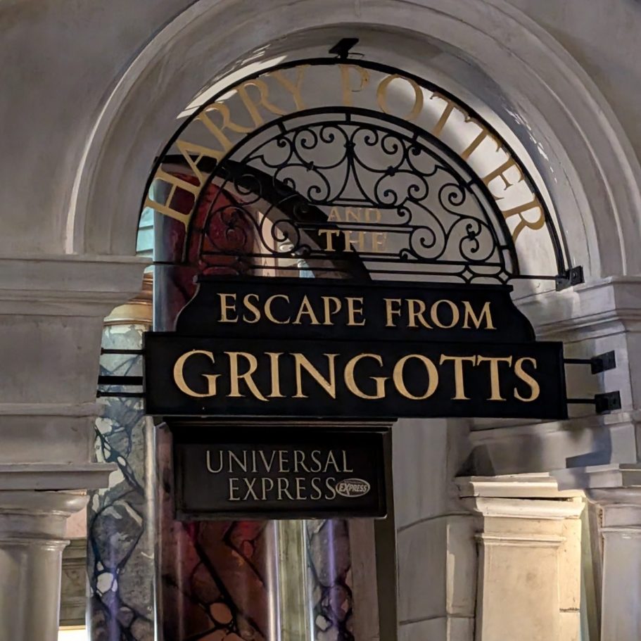Sign for "Harry Potter and the Escape from Gringotts" attraction at Universal Studios.